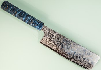 Hatsukokoro Ginga ATS-34 Nickel Damascus Wa-Nakiri 165mm blau stabilisiert