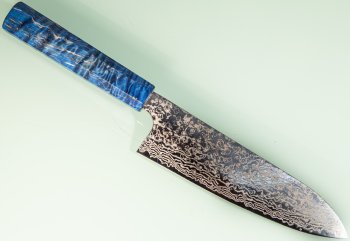 Hatsukokoro Ginga ATS-34 Nickel Damascus Wa-Santoku 185mm blau stabilisiert